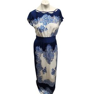 Ivy + Blu Women’s Size 6 Blue White Paisley Print Midi Dress Cutout Back Boho